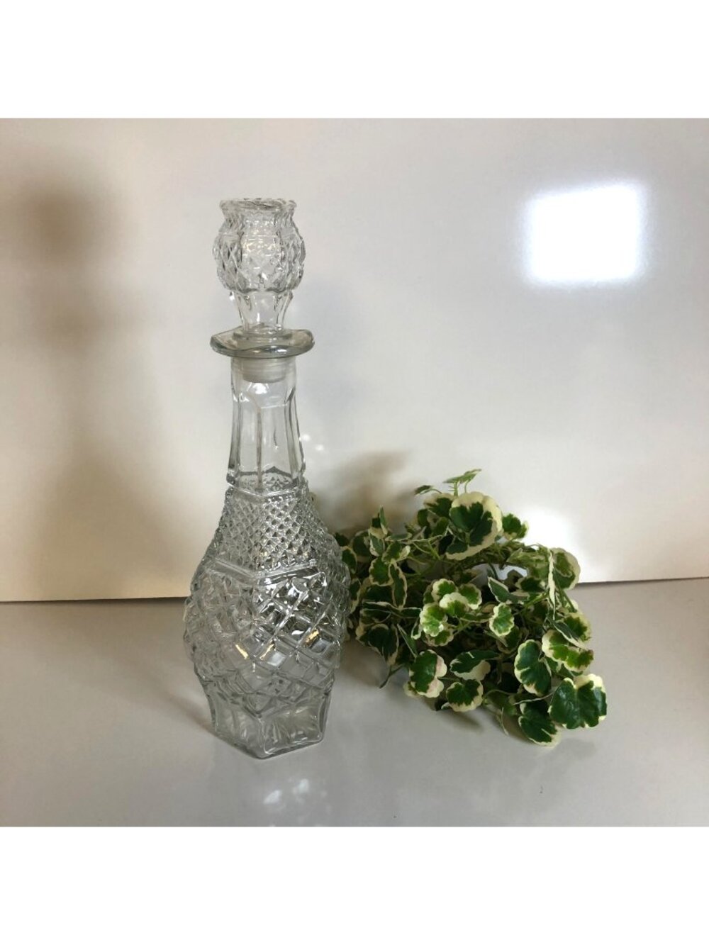 Vintage Pressed Glass Decanter Bottle with Stopper Diamond Cut Pattern